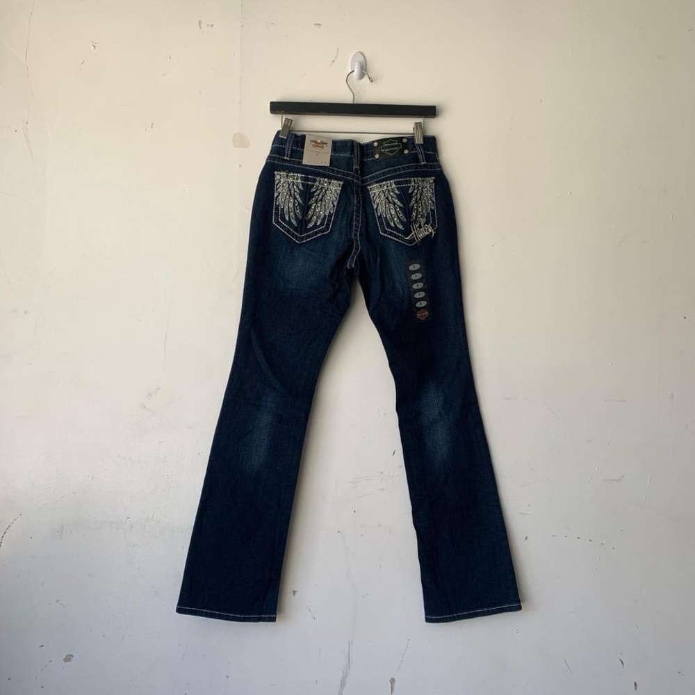 NWT Harley Davidson Dark Blue Contrast Stitching Mid Rise Bootcut Jeans Size 2